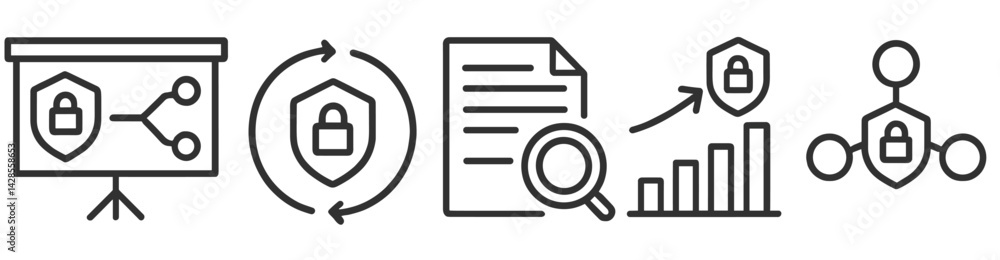 Poster set of line style icons representing data security practices including sharing, monitoring, and anal