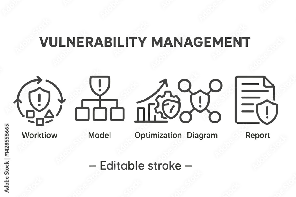 Poster visual icons depict vulnerability management concepts, showing workflow, models, optimization, diagr