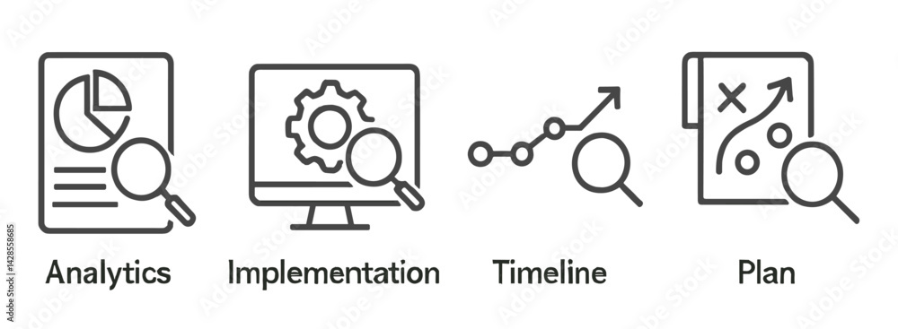 Poster set of line style icons representing analytics, implementation, timeline, and planning process in a 