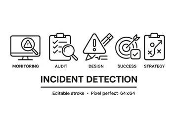 Icons representing monitoring, audit, design, success, and strategy for incident detection in a clear line style
