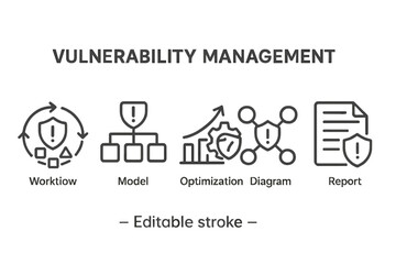 Visual icons depict vulnerability management concepts, showing workflow, models, optimization, diagrams, and report elements