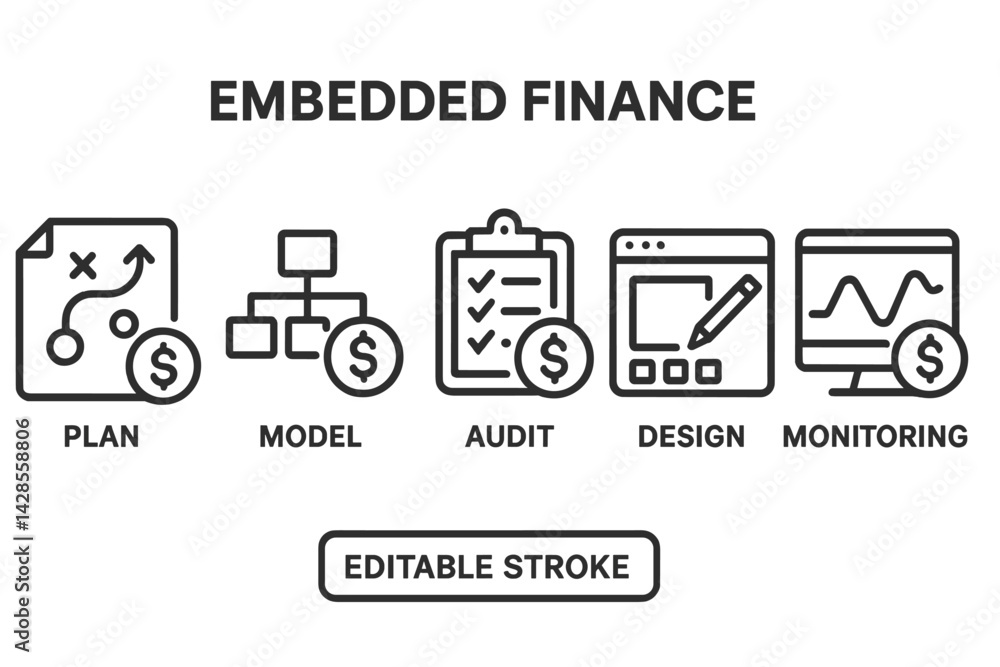 Poster collection of financial planning and monitoring icons in line style for visual communication and des