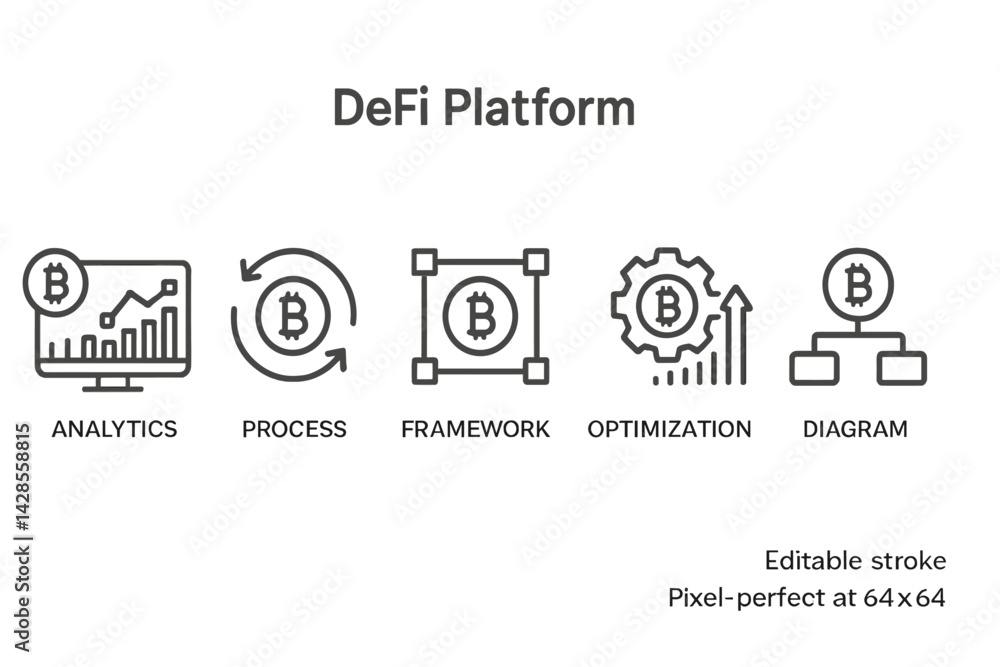 Poster set of line style icons representing defi platform components for finance analysis and optimization