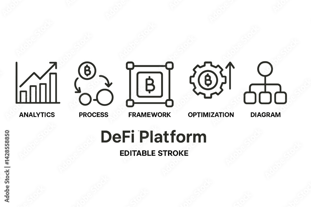 Aufkleber line style icons representing analytics, process, framework, optimization, and diagram for a defi pl