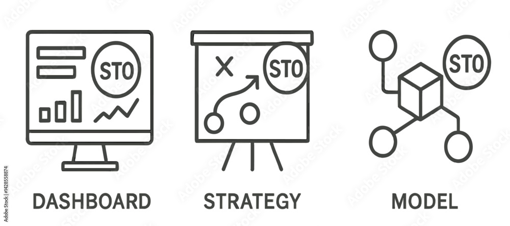 Poster set of icons in line style depicting a dashboard, strategy presentation, and model for business anal