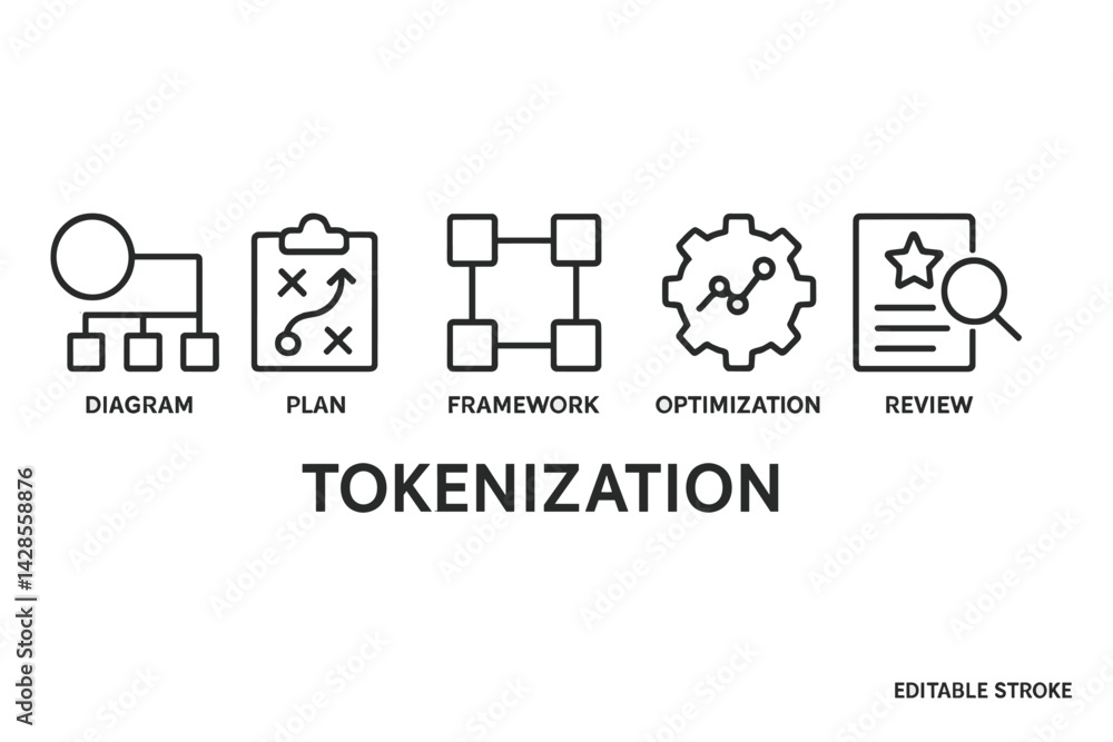 Poster icons representing various stages of the tokenization process in a simple line style design