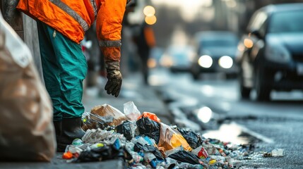 Naklejka premium A close-up of a garbage worker sorting waste on the sidewalk.