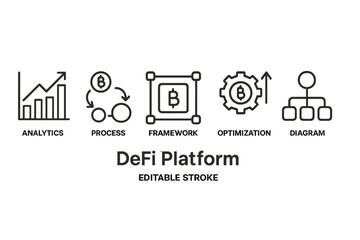 Line style icons representing analytics, process, framework, optimization, and diagram for a DeFi platform in a modern design
