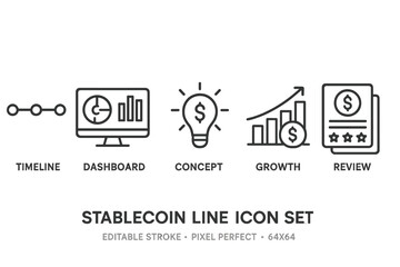 Set of stablecoin line icons depicting key financial concepts like timeline, dashboard, concept, growth, and review