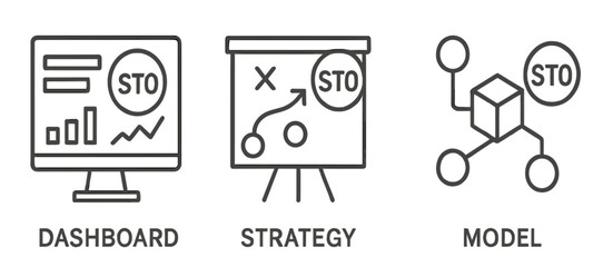 Set of icons in line style depicting a dashboard, strategy presentation, and model for business analytics and planning