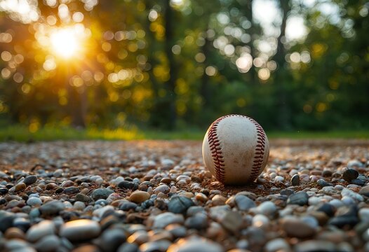 a worn baseball rests on a gravel field bathed in the warm glow of a setting sun with blurred trees in the background. - Powered by Adobe