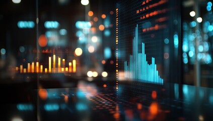 Abstract data visualization with glowing lines and shapes in a dark environment.