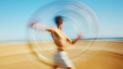 Blurred Motion of a Man Playing with a Hula Hoop on a Beach