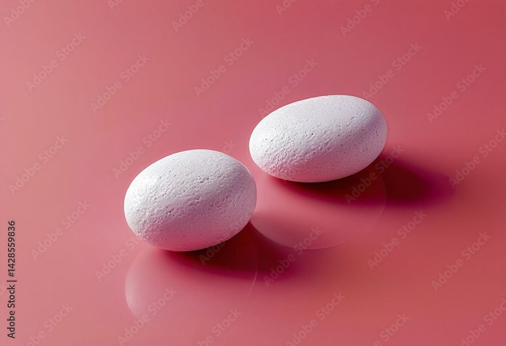 Poster two pale, textured eggs rest on a vibrant pink reflective surface, casting soft shadows and creating