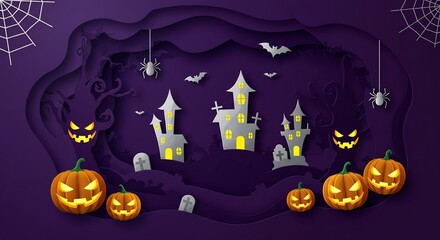 Halloween Spooky Night Paper Art with Pumpkins and Castle
