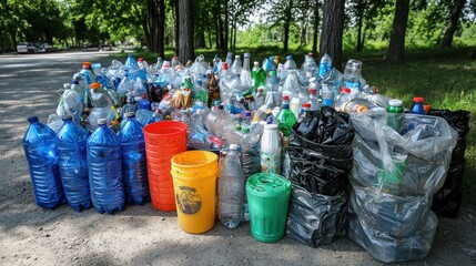 Fototapeta premium A landfill full of plastic containers, bottles, and packaging waste.