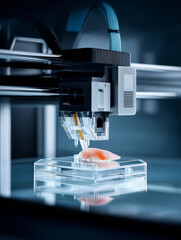 A high-tech 3D printer fabricates lab-grown skin grafts using glowing bio-ink, symbolizing advancements in regenerative medicine and burn treatment.