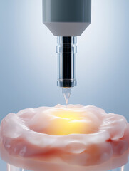 A high-tech 3D printer fabricates lab-grown skin grafts using glowing bio-ink, symbolizing advancements in regenerative medicine and burn treatment.