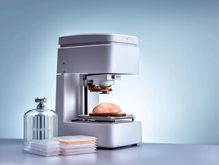 A high-tech 3D printer fabricates lab-grown skin grafts using glowing bio-ink, symbolizing advancements in regenerative medicine and burn treatment.