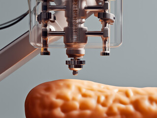 A high-tech 3D printer fabricates lab-grown skin grafts using glowing bio-ink, symbolizing advancements in regenerative medicine and burn treatment.
