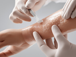 A photorealistic close-up shows medical professionals applying an advanced skin-repair membrane to a wounded arm in a clinical setting. 