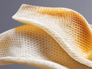 Close-up of tilapia fish scales repurposed as biodegradable skin graft. Demonstrates sustainable solutions for burn treatment and wound care in clinical settings.