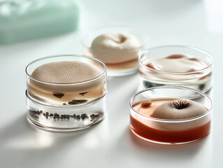 Photorealistic macro shot of artificial skin samples growing in sterile petri dishes. Highlights the translucent texture and scientific precision of biomaterials used in regenerative medicine.