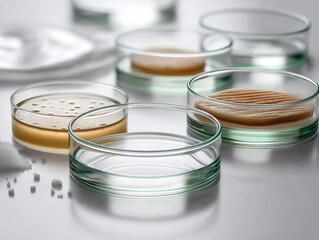 Photorealistic macro shot of artificial skin samples growing in sterile petri dishes. Highlights the translucent texture and scientific precision of biomaterials used in regenerative medicine.