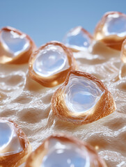Scientific visualization of artificial skin cells regenerating at microscopic level. Glowing collagen fibers and fibroblast activity symbolize cutting-edge tissue engineering.