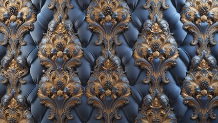 Fototapeta premium Elegant fabric wall covering featuring intricate gold motifs.