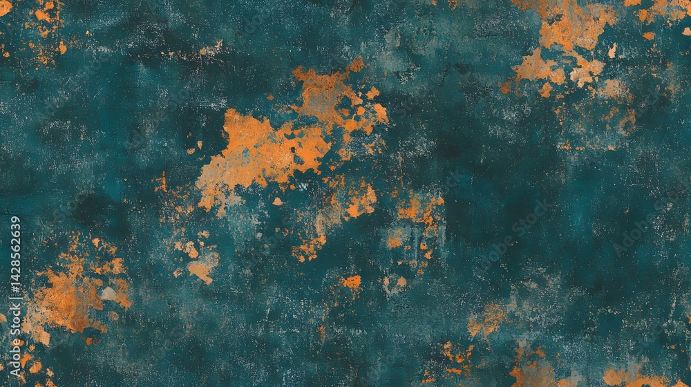 Poster textured teal background with scattered rust-colored splotches.
