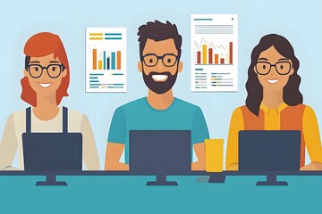 Fototapeta premium clean vector illustration of young startup team analyzing campaign metrics on screen