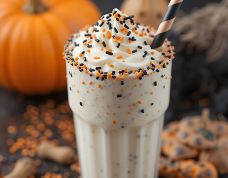 juicy glass with strow background in Halloween pumpkin.
