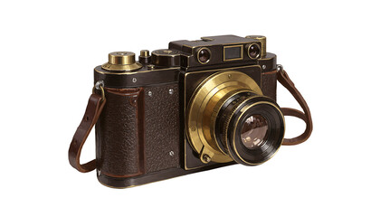 Retro vintage camera with brass lens and leather body for photography and antique display isolated on transparent background