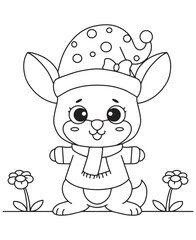Coloring book rabbit in a cozy hat and scarf, ready for snowy fun. Perfect for kids creative coloring
