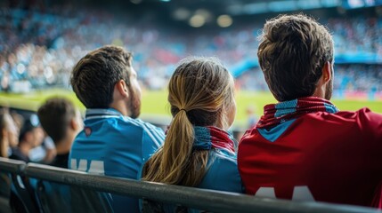 Fototapeta premium Fans watching a soccer championship game on TV, with jerseys and scarves on.