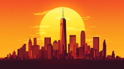 Fototapeta premium Manhattan Skyline at Sunset: A Vibrant Cityscape Illustration
