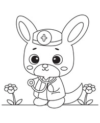Coloring book bunny doctor with a stethoscope and cap. Perfect for kids and future medics education