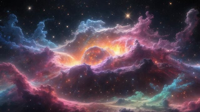 Panoramic view of a space nebula featuring giant interstellar clouds and stars using equirectangular projection and environment map