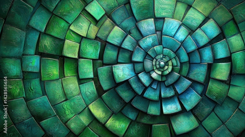 Poster Abstract circular mosaic pattern of teal and emerald green tiles