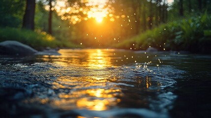 Sunlight at dusk splashes over a gently rippling river, with water droplets catching the golden light, set against a forested and lush backdrop, creating a magical and serene natural scene.