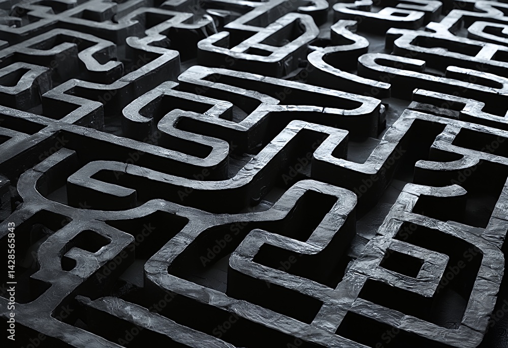 Poster a close-up, abstract rendering of interconnected, metallic, three-dimensional letterforms against a 