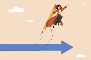 Creative Businesswoman Flying with Giant Pencil Above Arrows Representing Leadership, Creativity, and Innovation.