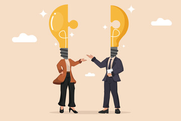 Innovative Business Partnership Male and Female Characters with Light Bulb Heads Connecting as Puzzle Pieces