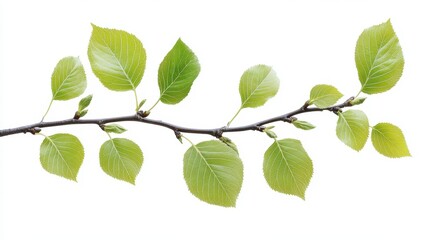 Naklejka premium A twig of tree with small, light green leaves and unblown buds on white. Perfect for springtime, nature, growth, or environmental themed designs.