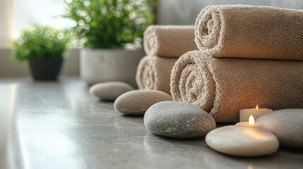 Spa-Inspired Setting With Rolled Towels, Smooth Stones, Candles, and Potted Greenery: A Tranquil Composition Featuring Soft Light and Organic Textures.