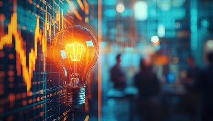 Lightbulb shines near stock market graph with blurred people in background.
