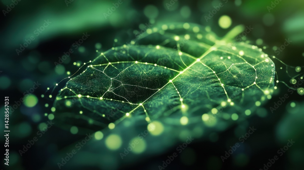 Poster green leaf with glowing lines connecting points. use for nature, technology, and interconnection con