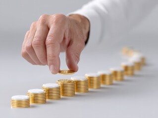 A hand placing a coin on a stack, symbolizing finance, investment, and prosperity in a professional setting.