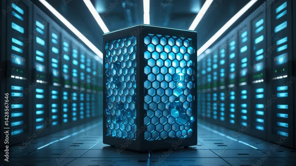 Poster advanced technology in a modern setting: blue-lit server with honeycomb structure emphasizing securi